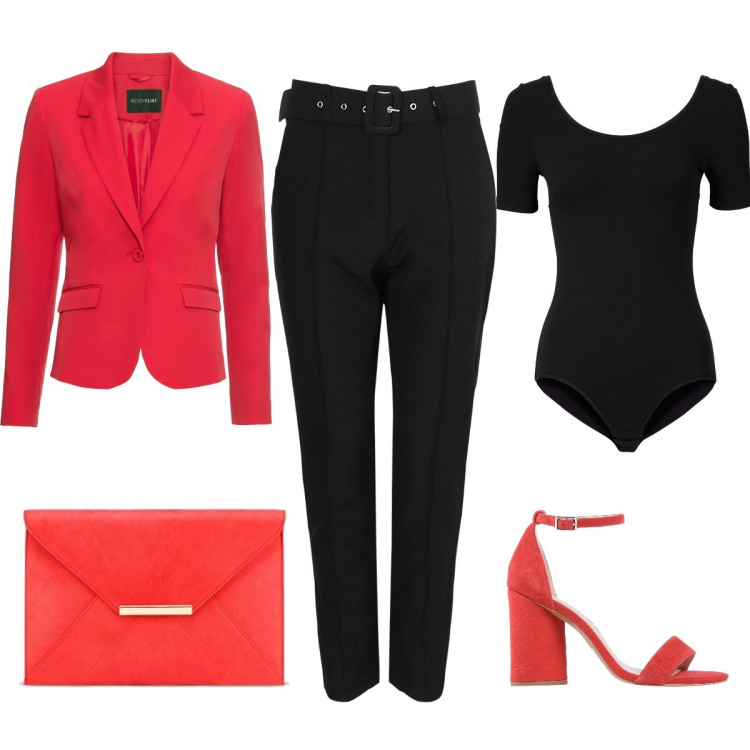 Outfit donna - Laurea con stile. Stile Chic per Scuola/Università. Abbinamento con body, blazer, sandali col tacco, pantaloni skinny, pochette.
