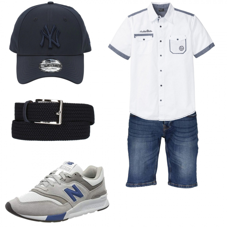 Outfit uomo - Casual blu. Stile Casual per Tutti i giorni. Abbinamento con camicie a manica corta, cinture, sneakers, bermuda, cappelli.