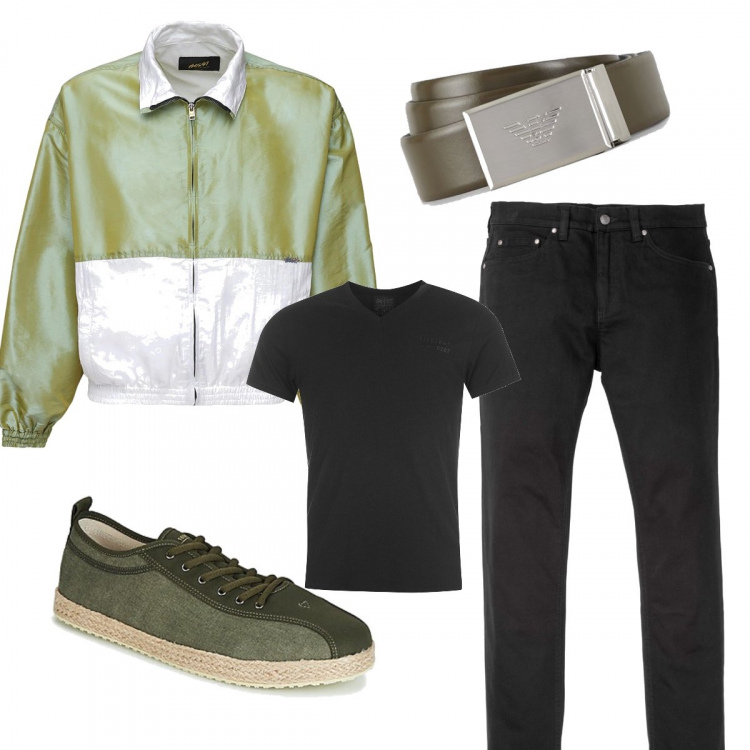 Outfit uomo - Serata in pizzeria. Stile Casual per Tutti i giorni. Abbinamento con jeans slim fit, espadrillas, t-shirt, giacche, cinture.