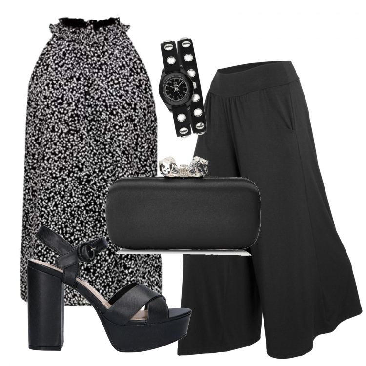 Outfit donna - Bon Ton #23572. Stile Bon Ton per Ufficio. Abbinamento con pantaloni culotte, camicie, sandali, orologi, pochette.
