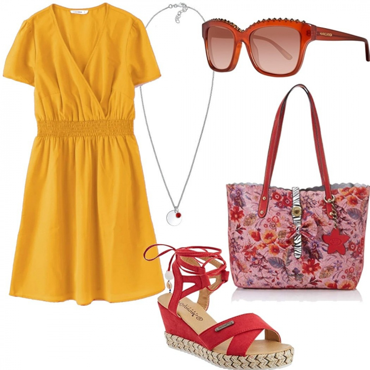 Outfit donna - Urban #21449. Stile Urban per Tutti i giorni. Abbinamento con vestiti midi/longuette, borse a mano, collane, occhiali da sole, sandali.