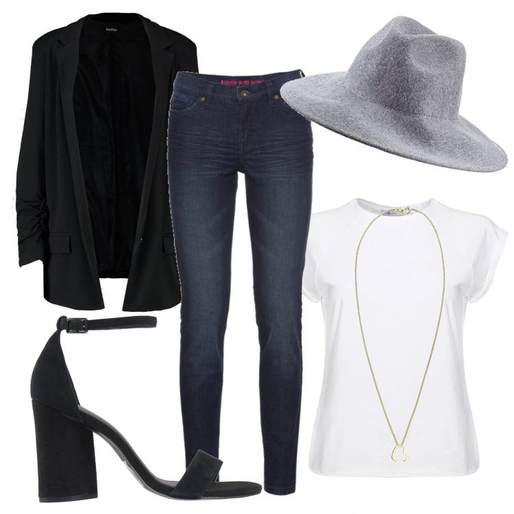 Outfit donna - Trendy #56457. Stile Trendy per Tutti i giorni. Abbinamento con jeans skinny, sandali col tacco, blazer, t-shirt, ciondoli, cappelli.