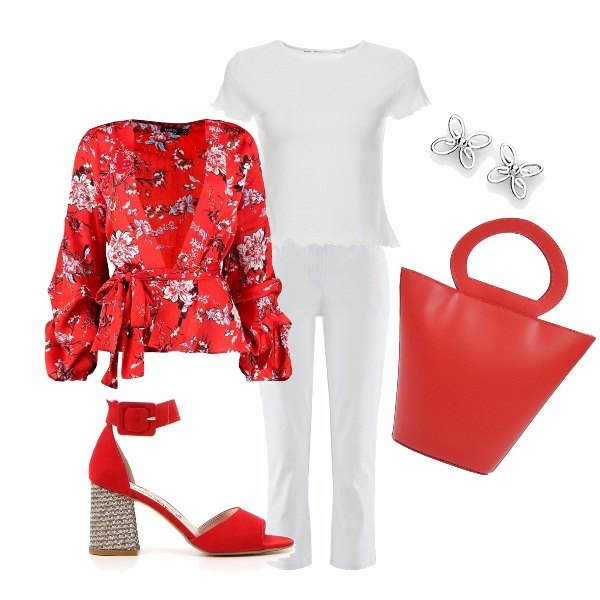 Outfit donna - Sandali e secchiello. Stile Trendy per Tutti i giorni. Abbinamento con pantaloni, borsa a mano secchiello taglia media con zip interno foderato tinta unita, sandali, sabot, mules e ciabattine trendy.