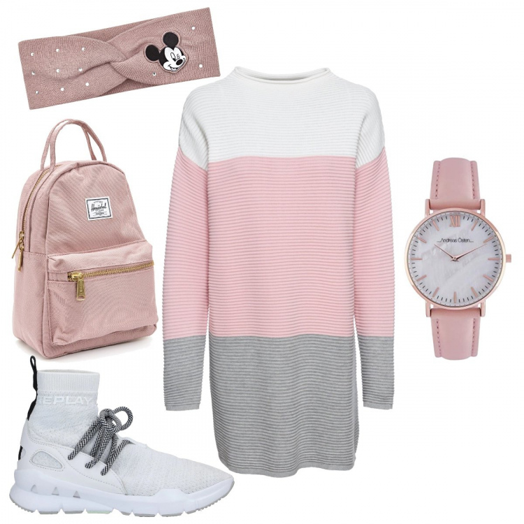 Outfit femme - Style pink. Style Basique pour Tous les jours. Assortir avec pulls, serre-têtes, sneakers hautes, montres analogiques, sacs à dos.