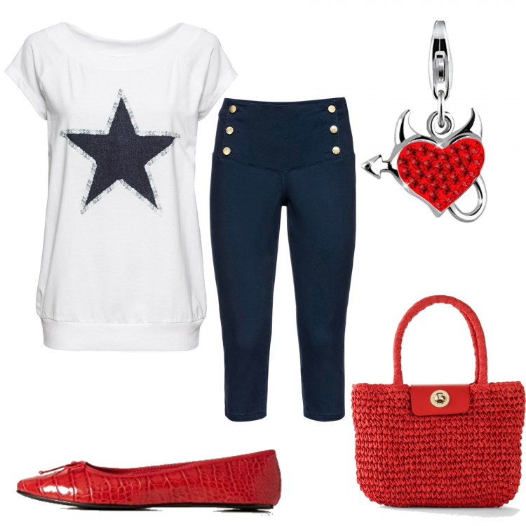 Outfit donna - Capri e ballerine. Stile Trendy per Tutti i giorni. Abbinamento con t-shirt, pantaloni capri, borse a mano, ballerine, ciondoli.