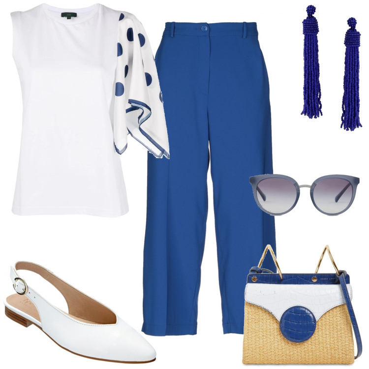 Outfit donna - Donna elegante. Stile Bon Ton per Tutti i giorni. Abbinamento con ballerine, pantaloni capri, orecchini, top, borse a spalla, occhiali da sole.