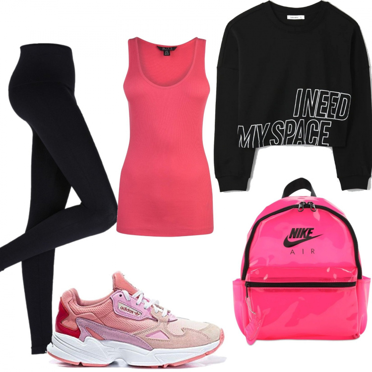 Outfit donna - Sportiva. Stile Basic per Sport. Abbinamento con leggings, felpe, sneakers, zaini, canottiere.