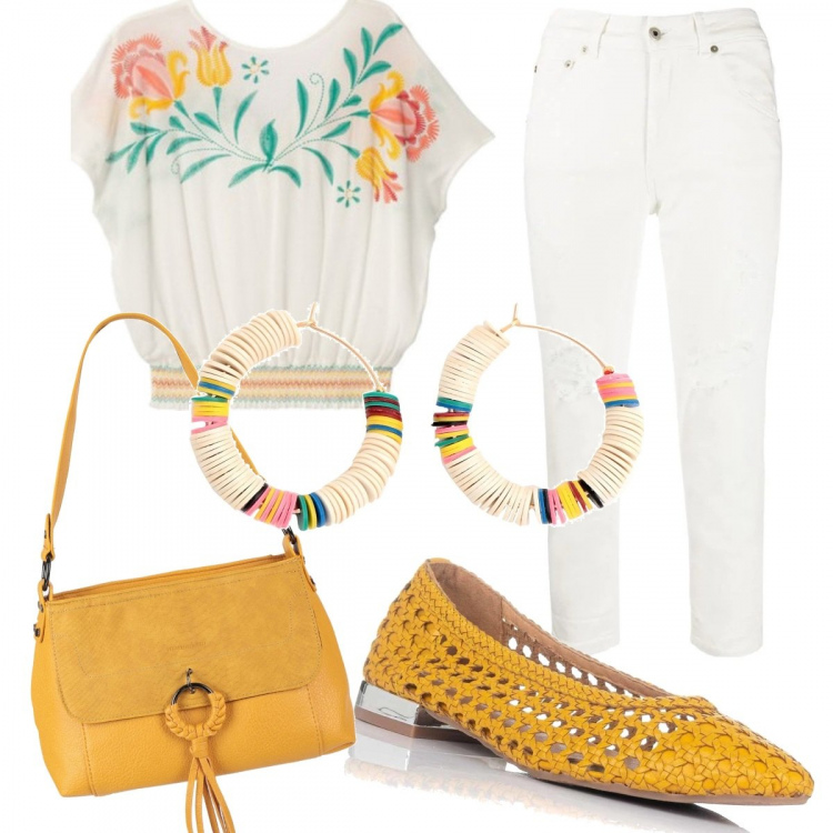 Outfit mujer - A mí manera. Estilo Basic para Todos los días. Combinación con camiseta, bailarinas, pendientes, pantalones capri, bolsos de hombro.
