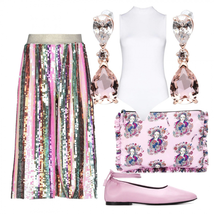 Outfit donna - Brillante completo. Stile Chic per Serata fuori. Abbinamento con pantaloni capri, orecchini, clutch, top, ballerine.