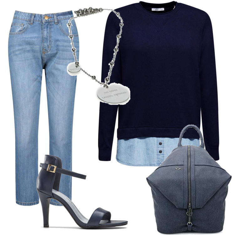Outfit donna - Jeans boyfriend e sandalo. Stile Trendy per Serata fuori. Abbinamento con sandali col tacco, jeans boyfriend, collane, felpe, zaini.