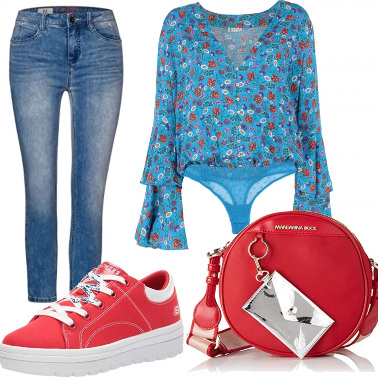 Outfit donna - Jeans e rosso. Stile Urban per Scuola/Università. Abbinamento con bluse, sneakers, borse a tracolla, jeans slim fit.
