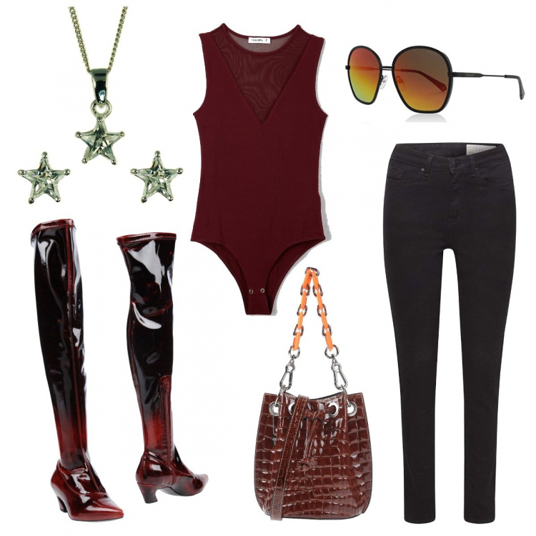 Outfit donna - Off duty rockstar. Stile Rock per Serata fuori. Abbinamento con stivali sopra il ginocchio, borse a mano, body, jeans skinny, occhiali da sole, ciondoli.