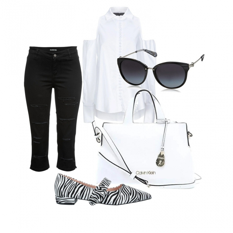 Outfit donna - Capri e ballerine. Stile Trendy per Tutti i giorni. Abbinamento con pantaloni capri, camicie, ballerine, borse tote, occhiali da sole.
