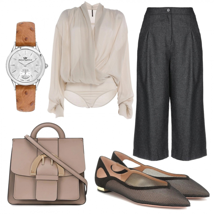 Outfit donna - Pantalone capri e ballerine. Stile Urban per Ufficio. Abbinamento con bluse, pantaloni capri, borse tote, ballerine, orologi.