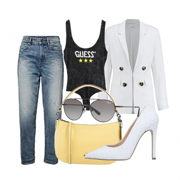 Outfit donna - Body+jeans a vita alta. Stile Trendy per Tutti i giorni. Abbinamento con top, décolleté, occhiali da sole, borse a mano, jeans mom, blazer.