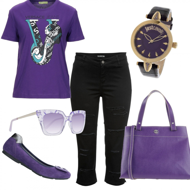 Outfit donna - Urban #20238. Stile Urban per Tutti i giorni. Abbinamento con pantaloni capri, ballerine, borse a mano, t-shirt, orologi, occhiali da sole.