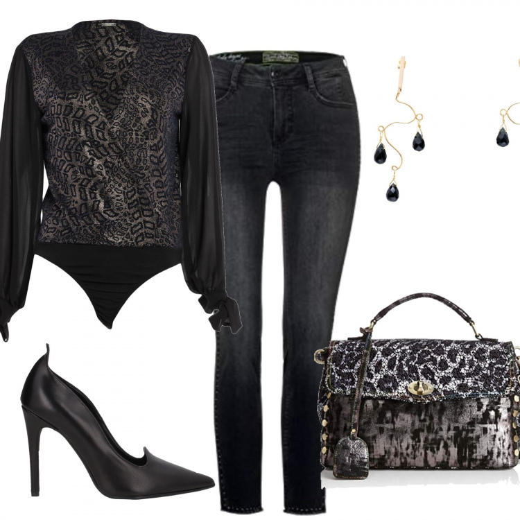 Outfit donna - Rock #5064. Stile Rock per Ufficio. Abbinamento con bluse, décolleté, orecchini, borse a secchiello, jeans slim fit.