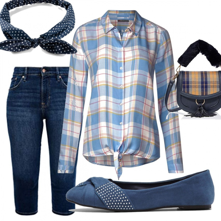 Outfit femme - Motif bleu. Style Tendance pour Tous les jours. Assortir avec serre-têtes, ballerines, tuniques, short, sacs en bandoulière.