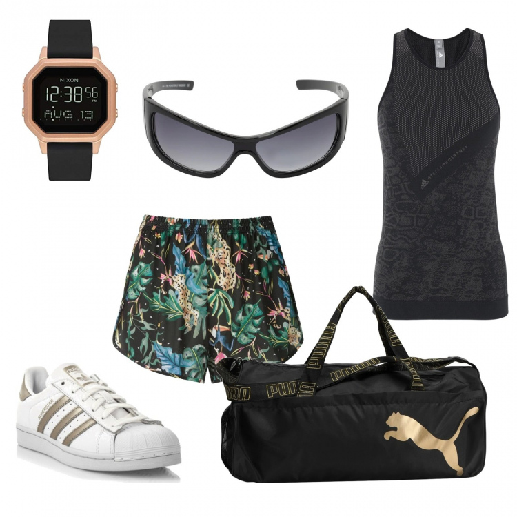 Outfit donna - Run baby run!. Stile Trendy Abbinamento con borse sportive, canottiere, sneakers, shorts, orologi digitali, occhiali da sole.