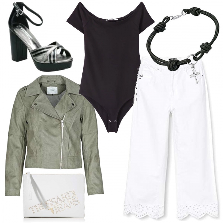 Outfit donna - Look urban. Stile Urban per Serata fuori. Abbinamento con t-shirt, sandali, blazer, jeans, braccialetti, clutch.