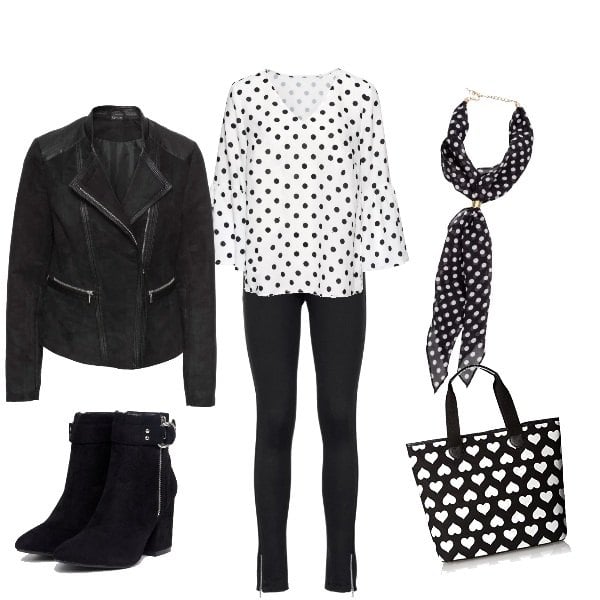 Outfit donna - Rock #675. Stile Rock per Serata fuori. Abbinamento con pantaloni, shopping bag multicolore e nero e avorio, stivaletti con zip a punta nero.