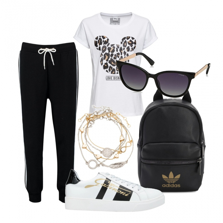 Outfit donna - TREND: Sporty - Trendy. Stile Trendy per Tutti i giorni. Abbinamento con braccialetti con ciondoli, pullovers, sneakers, pantaloni, zaini, occhiali da sole.