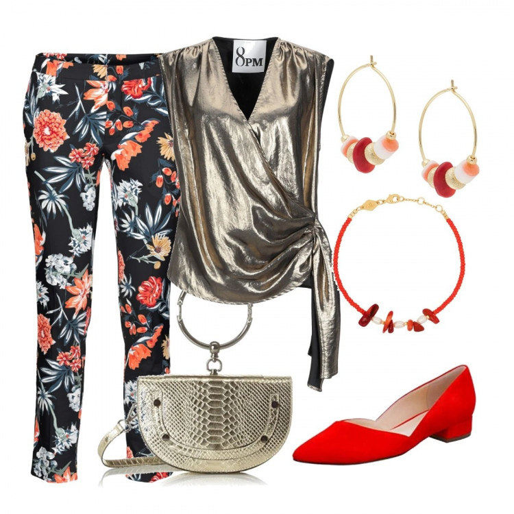 Outfit donna - Senza titolo. Stile Trendy per Serata fuori. Abbinamento con pantaloni, top, orecchini, braccialetti, ballerine, borse a spalla.