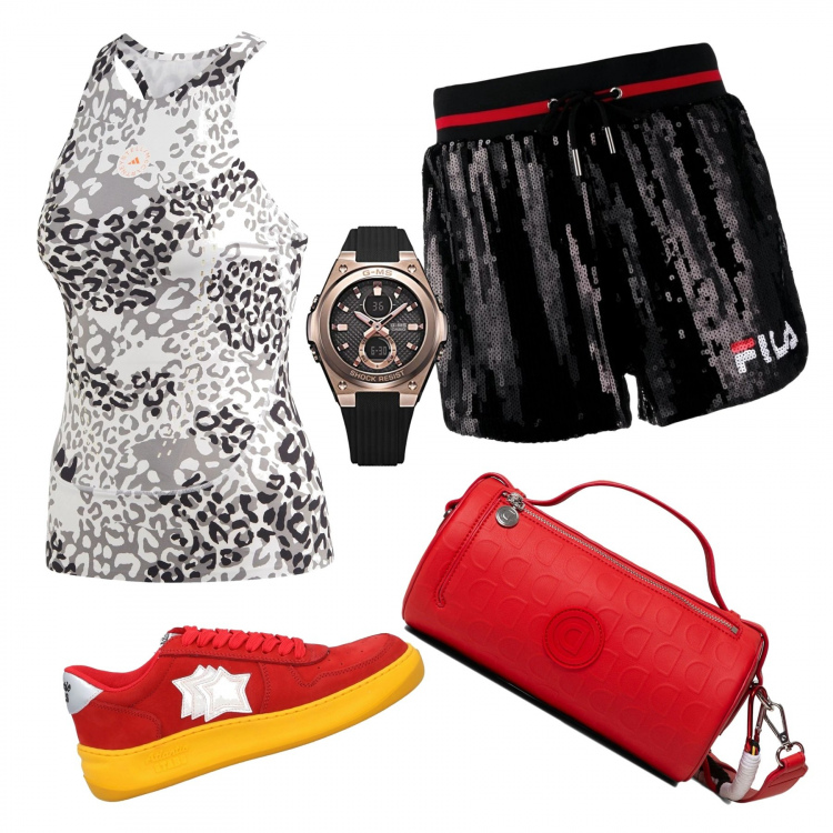 Outfit mujer - Trendy #57235. Estilo Trendy para Todos los días. Combinación con reloj, bolsos de hombro, shorts, sneakers, top.