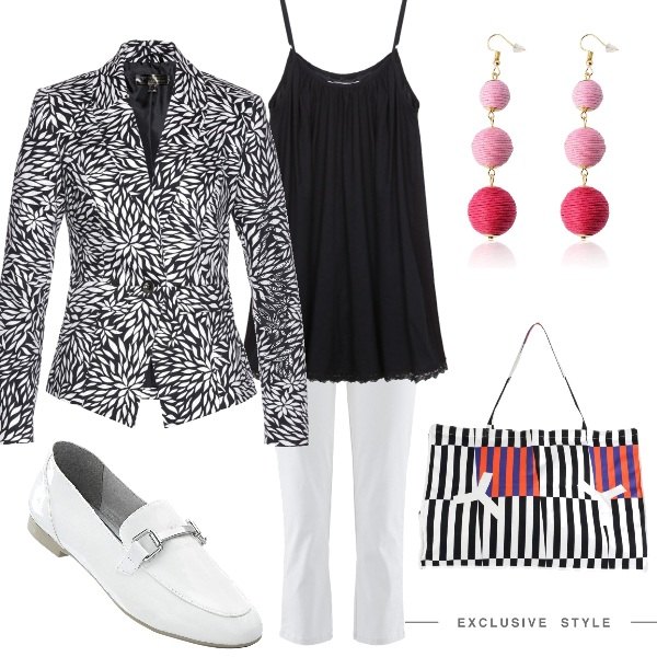 Outfit donna - Sprazzi di fucsia. Stile Urban per Ufficio. Abbinamento con pantaloni, mocassini, top con orlo in cotone con pizzo nero.