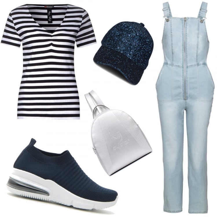 Outfit donna - Look comodo. Stile Trendy per Tutti i giorni. Abbinamento con tute, zaini, sneakers, t-shirt, cappelli con visiera.