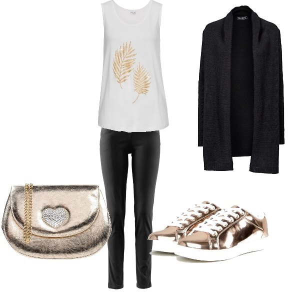 Outfit donna - Oh my gold!. Stile Basic per Tutti i giorni. Abbinamento con cardigans, borsa a mano mini con strass effetto laminato interno foderato in pelle sintetica tinta unita.