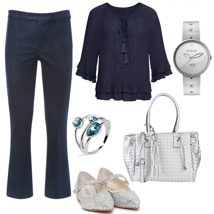 Outfit donna - Ballerine e pantaloni capri. Stile Trendy per Serata fuori. Abbinamento con borse a mano, tuniche, anelli, ballerine, pantaloni capri, orologi.