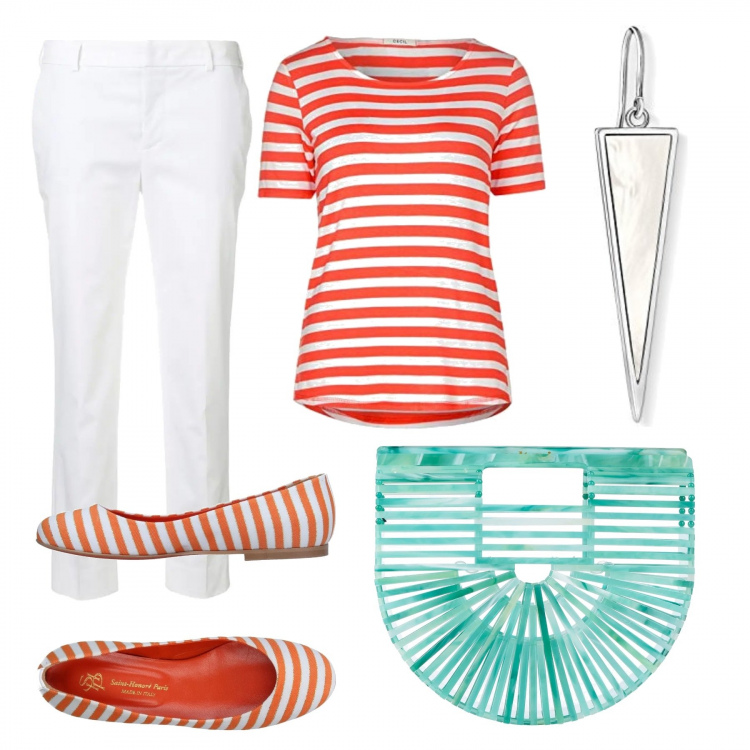 Outfit mujer - Capri a rayas. Estilo Basic para Todos los días. Combinación con camiseta, pendientes, bolsos de mano, bailarinas, pantalones capri.