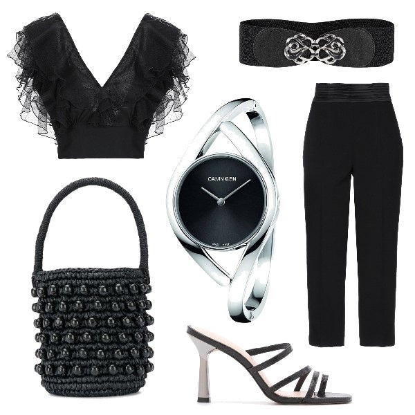 Outfit donna - Black swan. Stile Chic per Serata fuori. Abbinamento con cinture, top, pantaloni, sandali col tacco, borse a secchiello, orologi.