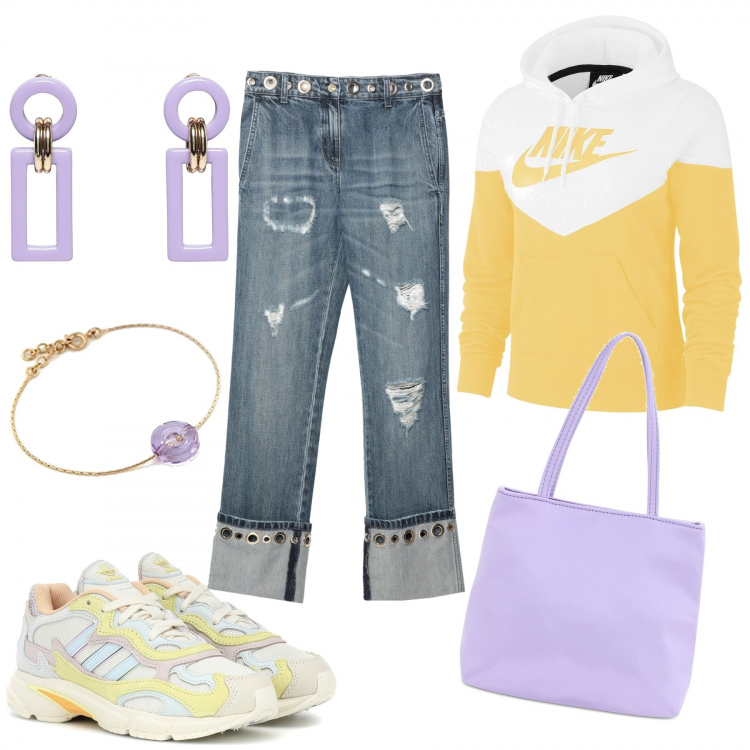 Outfit femme - Mood sporty trendy. Style Tendance pour Tous les jours. Assortir avec sweats à capuche, sacs à main, sneakers, jean déchiré, bracelets, boucles d'oreilles.