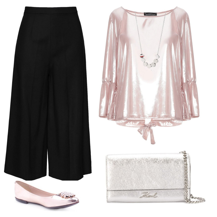 Outfit mujer - Sofisticada. Estilo Bon Ton para Noche/Fiesta elegante. Combinación con collares, bailarinas, blusas, pantalones capri, bolsos de hombro.