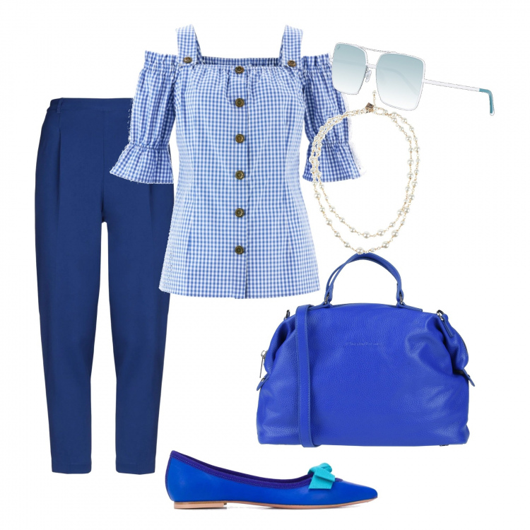 Outfit donna - Pantalone capri e camicetta. Stile Bon Ton per Tutti i giorni. Abbinamento con camicie a manica corta, pantaloni capri, borse a mano, collane, ballerine, occhiali da sole.