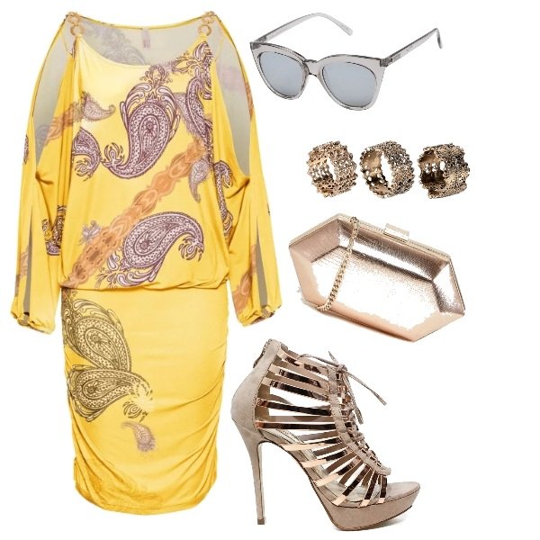 Outfit donna - Aperitivo con stile. Stile Sexy per Serata fuori. Abbinamento con occhiali da sole, pochette in pelle sintetica rigido oro, anello con stampa oro.
