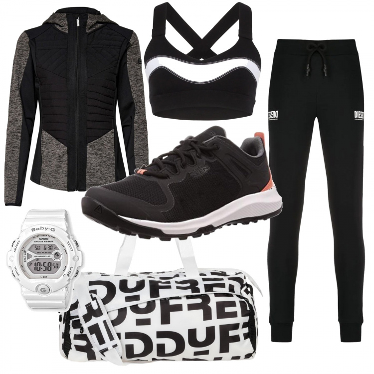 Outfit femme - Sporty et trendy. Style Urban pour Sport. Assortir avec vestes de sport, pantalons de sport, hauts de sport, montres numériques, chaussures de sport, sacs de sport.