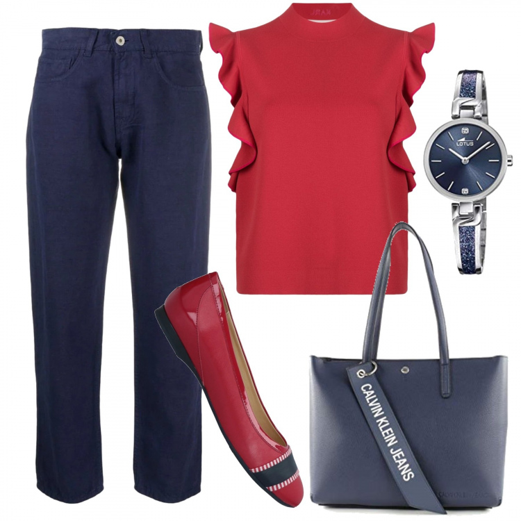 Outfit mujer - Basic #33891. Estilo Basic para Todos los días. Combinación con bolso tote, reloj, bailarinas, top, pantalones capri.