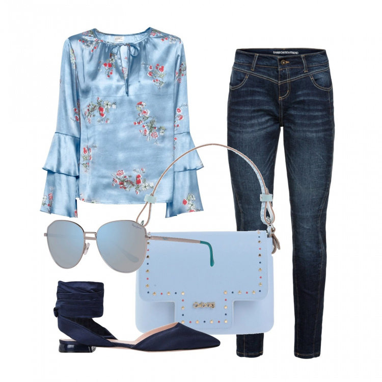Outfit donna - Blusa azzurra satin e jeans. Stile Trendy per Tutti i giorni. Abbinamento con jeans boyfriend, bluse, borse a mano, ballerine, occhiali da sole.
