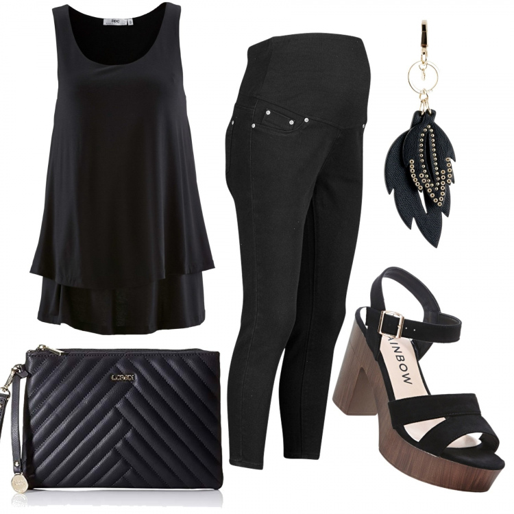 Outfit donna - Black monday. Stile Basic per Tutti i giorni. look ideale per Premaman. Abbinamento con top, sandali col tacco, jeans skinny, borse a mano, ciondoli.