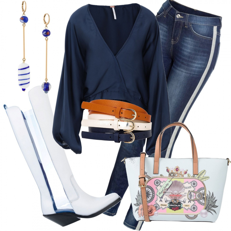 Outfit donna - Autunno: lo stivale sopra i jeans. Stile Trendy per Tutti i giorni. Abbinamento con cinture, jeans, bluse, stivali, borse a spalla, orecchini.