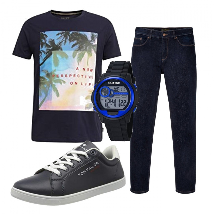 Outfit uomo - Casual #17908. Stile Casual per Tutti i giorni. Abbinamento con jeans dritti, t-shirt, sneakers, orologi digitali.