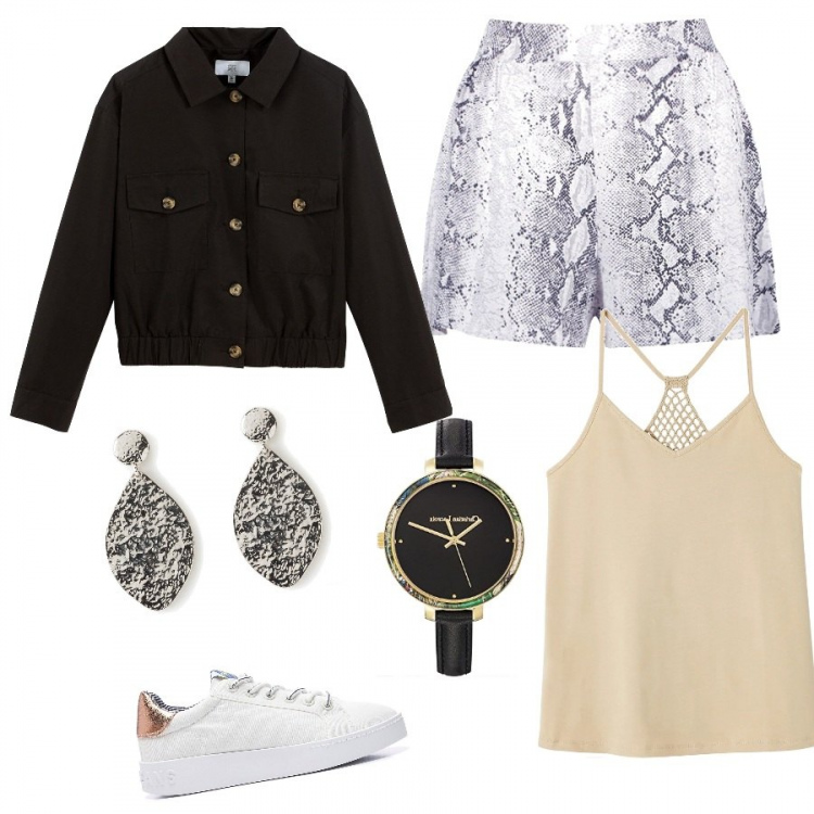 Outfit femme - Chic #3567. Style Chic pour Soirée dehors. look idéal pour Grande. Assortir avec sneakers, débardeurs à bretelles, manteaux, short, boucles d'oreilles, montres analogiques.