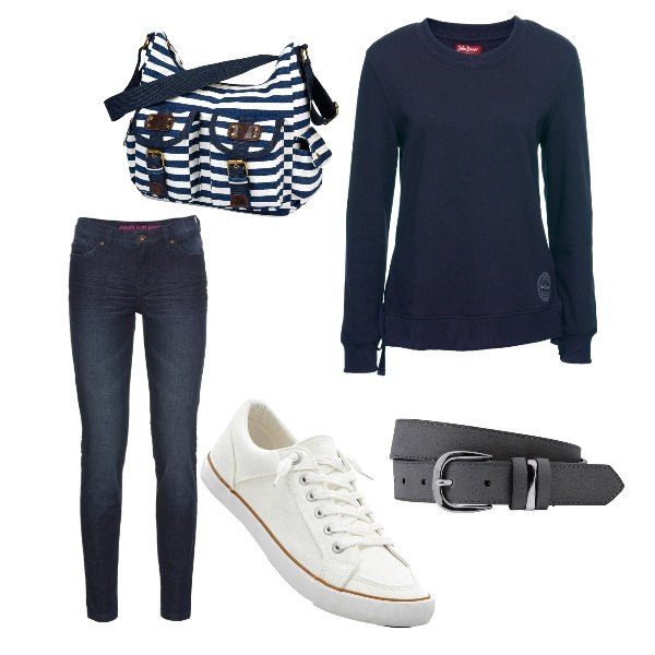 Outfit donna - Blu blu blu. Stile Basic per Tutti i giorni. Abbinamento con jeans skinny, cinture, felpa con lacci in pile blu.