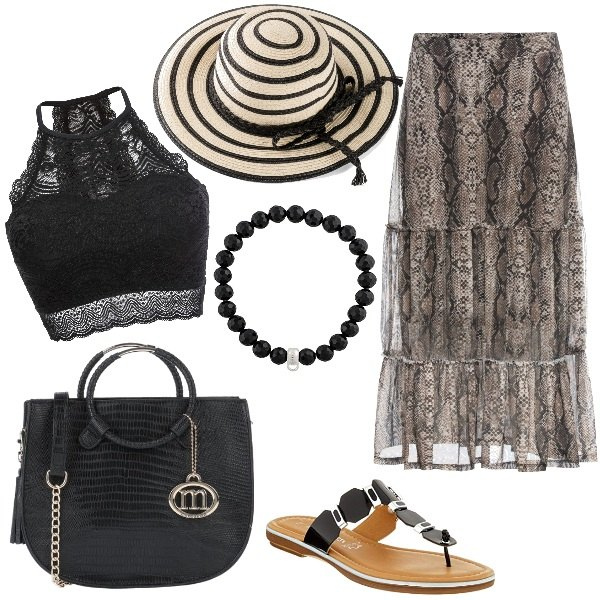 Outfit donna - Gonna animalier estiva. Stile Trendy per Tutti i giorni. Abbinamento con reggiseni, gonne, cappelli, borse a mano, sabot, braccialetti.