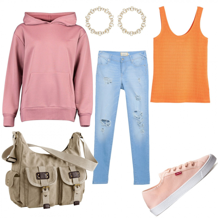 Outfit femme - Trendy sporty. Style Tendance pour Tous les jours. Assortir avec sacs de sport, sweats à capuche, sneakers, jean déchiré, boucles d'oreilles, débardeurs à bretelles.