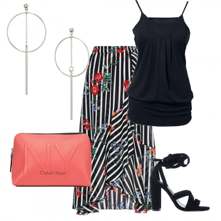Outfit donna - Una sera a ballare. Stile Basic per Serata fuori. Abbinamento con top, gonne, orecchini, pochette, sandali col tacco.