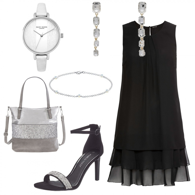 Outfit femme - Restaurant prévu ce soir. Style Chic pour Soirée dehors. Assortir avec robes longues, sac cabas, sandales, boucles d'oreilles, bracelets, montres.